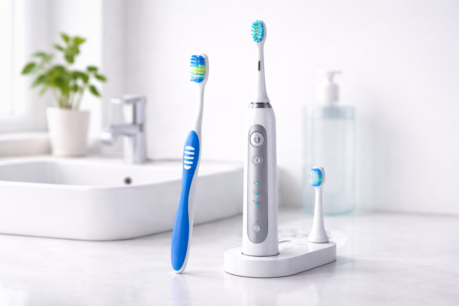 Infographic comparing manual vs. electric toothbrushes for braces. It highlights that manual brushes require more effort and discipline, while electric toothbrushes offer supercharged cleaning with built-in timers and easier access around orthodontic brackets. Dr. Joseph of The Smile Station recommends electric for a healthier smile journey.